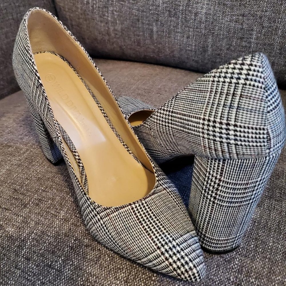 Wild Diva Lounge Almond Toe Hounds tooth Printed Pumps 7.5 Block Heels